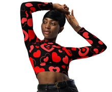 Load image into Gallery viewer, black long sleeve crop top with a variety of red and pink hearts inside hearts