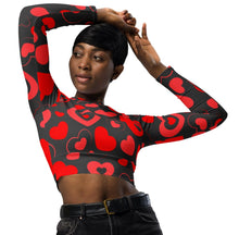 Load image into Gallery viewer, grey long sleeve crop top with pink and red hearts in hearts inlay