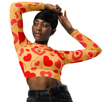 Load image into Gallery viewer, orange long sleeve crop top with red and pink hearts in hearts inlay.