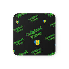 Load image into Gallery viewer, Black corkwood coaster set with 'Original Vincy' pattern and hearts coloured with Vincy colours.