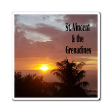 Load image into Gallery viewer, Square magnet showing a photograph of a puce sunset in St. Vincent and the Grenadines