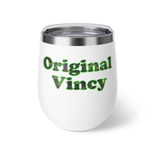 Load image into Gallery viewer, White copper vacuum insulated cup with 'original vincy' in camouflage green letters.