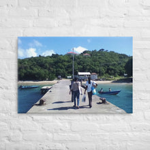 Load image into Gallery viewer, Canvas showing women walking on the wharf and speedboats at the waterfront in the Grenadines.