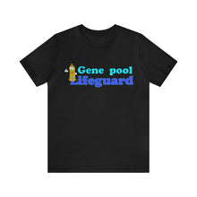 Load image into Gallery viewer, black t-shirt with the caption 'gene pool lifeguard' and a friendly condom giving a thumbs up