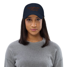 Load image into Gallery viewer, Navy dad hat with 'original vincy' written in black and red letters.