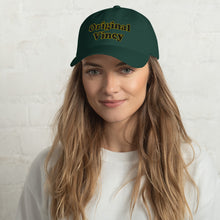 Load image into Gallery viewer, Spruce dad hat with 'original vincy' written in black and yellow letters.