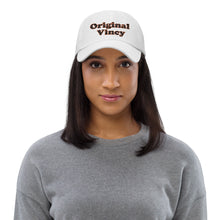 Load image into Gallery viewer, White dad hat with 'original vincy' written in black and red letters.