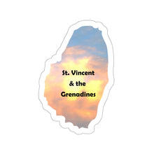 Load image into Gallery viewer, die-cut sticker in the shape of St. Vincent and the Grenadines with a photograph of a colourful sunrise