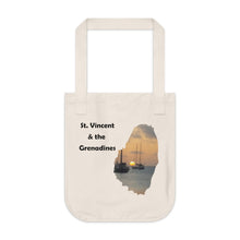 Load image into Gallery viewer, eco-friendly organic tote bag featuring a real photograph of boats at Canash beach in St. Vincent and the Grenadines.  The picture is shaped like a map of mainland St. Vincent