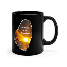 Load image into Gallery viewer, 11 oz black coffee mug featuring a picture of a fiery sunset in St. Vincent and the Grenadines