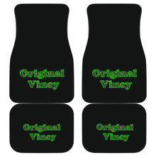 Load image into Gallery viewer, Front and back black car mats with original vincy written in green letters