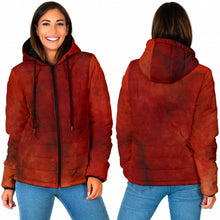 Load image into Gallery viewer, women's padded, hooded jacket with Autumn Fire design.