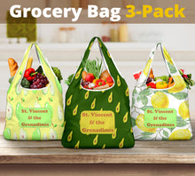 Load image into Gallery viewer, three pack of grocery bags with fruit designs and St. Vincent and the Grenadines lettered in a patch