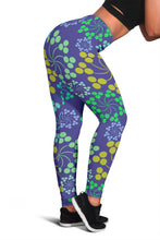 Load image into Gallery viewer, women's leggings featuring a blue bubble floral design