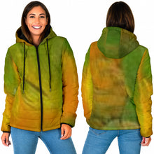 Load image into Gallery viewer, woman's padded hooded jacket with parrot feather inspired colour pattern