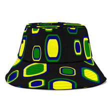 Load image into Gallery viewer, black bucket hat with vincy-coloured cubes.