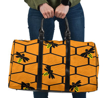 Load image into Gallery viewer, honey colored travel bag with honeycomb and bees design