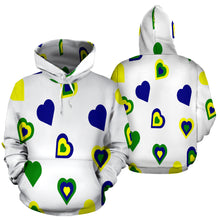 Load image into Gallery viewer, Whit hoodie using national coloured hearts to show Vincy Love