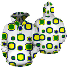 Load image into Gallery viewer, white hoodie with a viincy coloured cube pattern