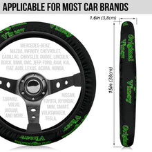Load image into Gallery viewer, steering wheel cover with 'original vincy' design in green letters.