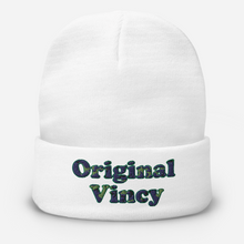 Load image into Gallery viewer, White knit beanie/otto cap with 'original vincy' written in camouflage green letters