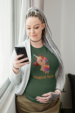 Load image into Gallery viewer, pregnant woman wearing a green 'magical mom' t-shirt with a unicorn design