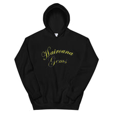 Load image into Gallery viewer, black unisex hoodie with hairouna gems written in yellow letters