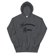 Load image into Gallery viewer, dark heather unisex hoodie with hairouna gems written in black letters