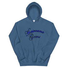 Load image into Gallery viewer, indigo blue unisex hoodie with hairouna gems written in blue letters
