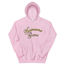 Load image into Gallery viewer, light pink unisex hoodie with hairouna gems written in yellow letters