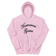 Load image into Gallery viewer, light pink unisex hoodie with hairouna gems written in black letters