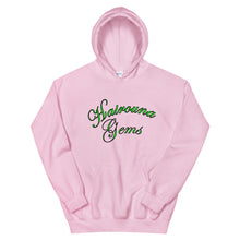 Load image into Gallery viewer, light pink unisex hoodie with hairouna gems written in green letters