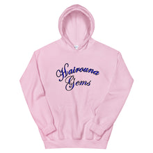 Load image into Gallery viewer, light pink unisex hoodie with hairouna gems written in blue letters