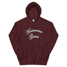 Load image into Gallery viewer, maroon colour unisex hoodie with Hairouna Gems in green highlights