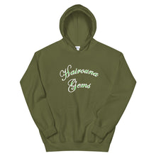 Load image into Gallery viewer, military green unisex hoodie with Hairouna Gems in green highlights