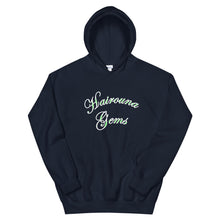 Load image into Gallery viewer, navy blue unisex hoodie with Hairouna Gems in green highlights