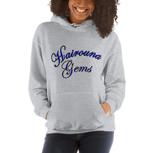 Load image into Gallery viewer, sport grey unisex hoodie with hairouna gems written in blue letters