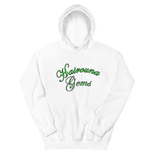 Load image into Gallery viewer, white unisex hoodie with hairouna gems written in green letters