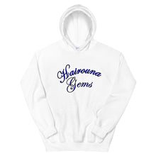 Load image into Gallery viewer, white unisex hoodie with hairouna gems written in blue letters