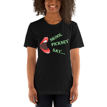 Load image into Gallery viewer, model wearing a black t-shirt with an open mouth and the words skool pickney say