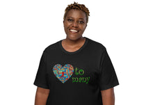 Load image into Gallery viewer, black t-shirt with the caption 'mom to many' with the word mom repeated in a heart shape.
