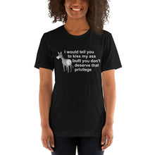 Load image into Gallery viewer, Black heather t-shirt with 'I would tell you to kiss my ass' slogan.