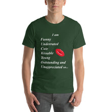Load image into Gallery viewer, Forest green t-shirt with high self esteem adjective and a kiss.