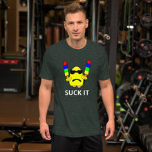 Load image into Gallery viewer, forest green t-shirt with the caption 'suck it' showing a yellow gumdrop holding out two popsicles.