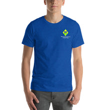 Load image into Gallery viewer, Heather true royal t-shirt with Hairouna Gems logo on the left breast.