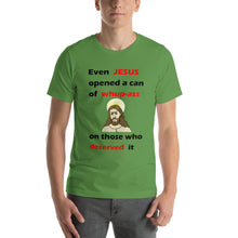 Load image into Gallery viewer, leaf green unisex t-shirt with even jesus opened a can of whup-ass on those who deserved it