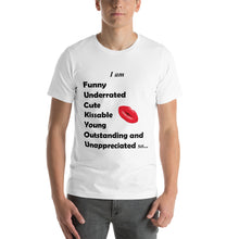 Load image into Gallery viewer, White t-shirt with high self esteem adjective and a kiss.