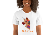 Load image into Gallery viewer, pregnant woman wearing a white 'magical mom' t-shirt with a unicorn design