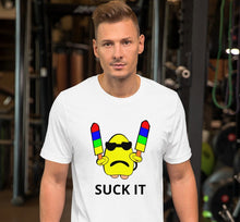 Load image into Gallery viewer, white t-shirt with a yellow gumdrop figure holding two popsicles with the caption 'suck it'.