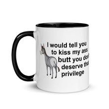 Load image into Gallery viewer, White ceramic mug with black handle and inside with sarcastic 'I would tell you to kiss my ass' slogan.